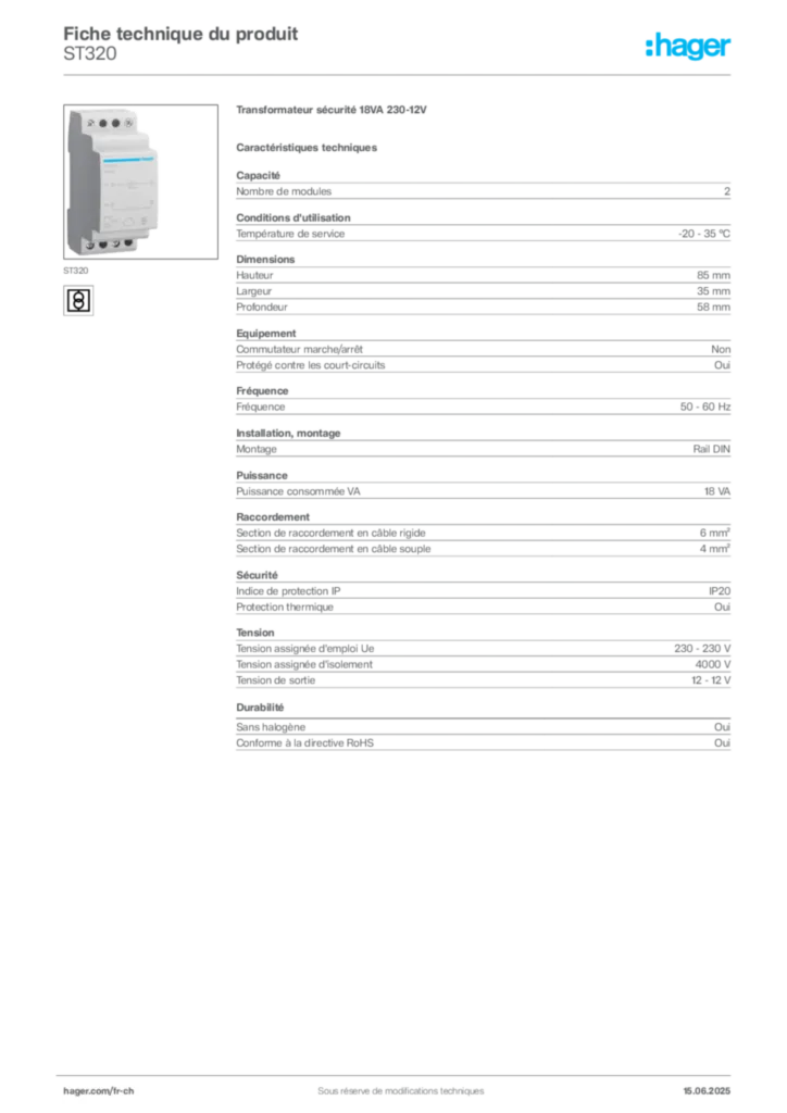 Image Hager Fiche technique du produit ST320 | Hager Suisse