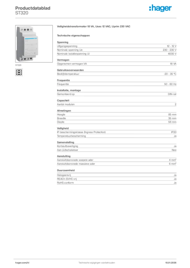 Afbeelding Hager Productdatablad ST320 | Hager Nederland