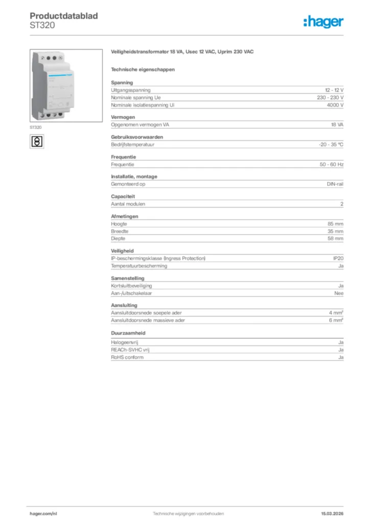 Afbeelding Hager Productdatablad ST320 | Hager Nederland