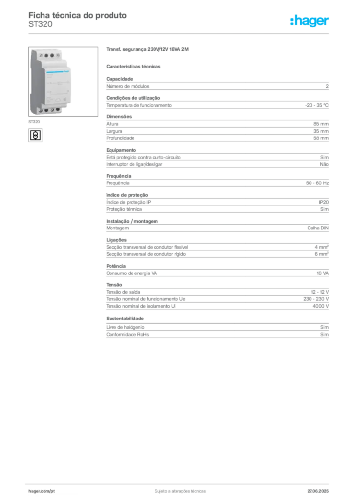 Imagem Hager Ficha técnica do produto ST320 | Hager Portugal