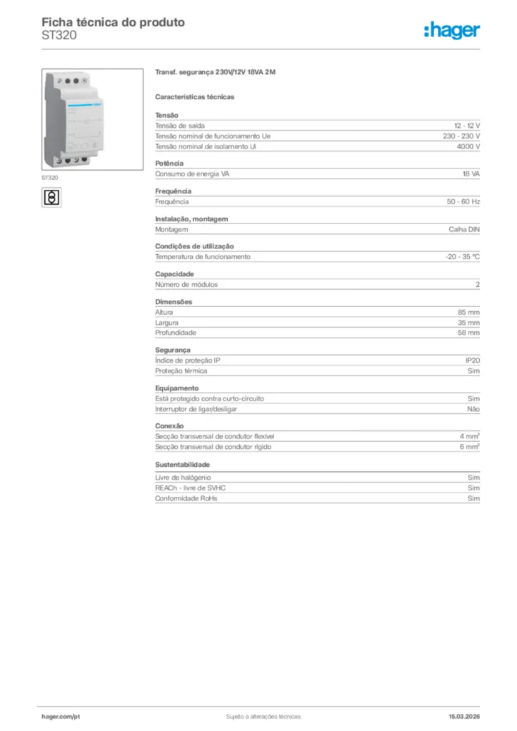 Imagem Hager Ficha técnica do produto ST320 | Hager Portugal