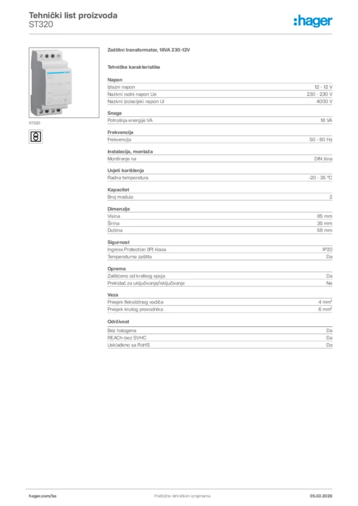 Slika Hager Tehnički list proizvoda ST320  | Hager