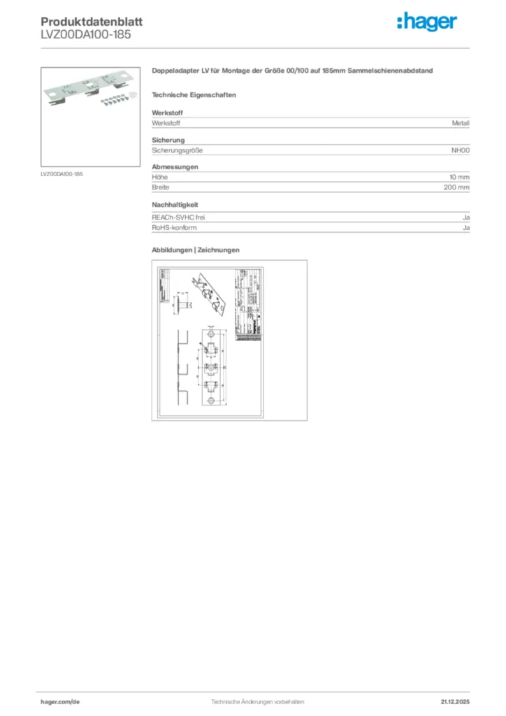 Bild Hager Produktdatenblatt LVZ00DA100-185 | Hager Deutschland