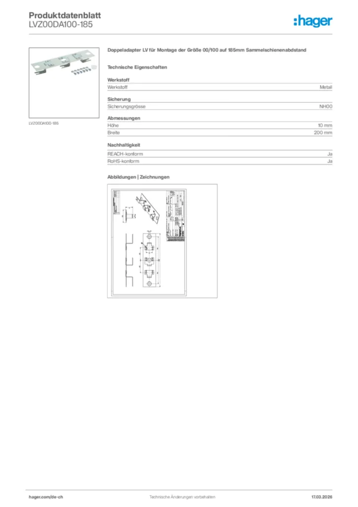 Bild Hager Produktdatenblatt LVZ00DA100-185 | Hager Schweiz