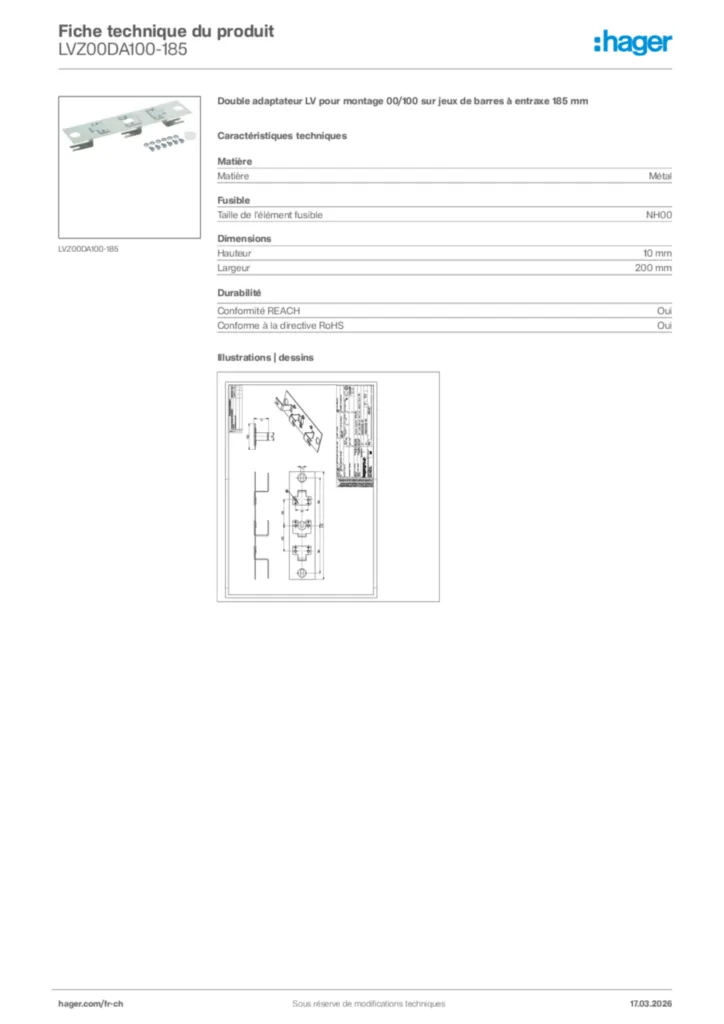 Image Hager Fiche technique du produit LVZ00DA100-185 | Hager Suisse