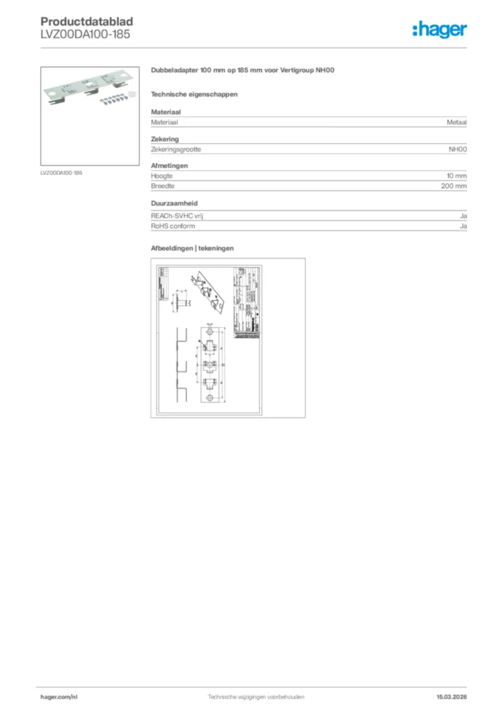 Afbeelding Hager Productdatablad LVZ00DA100-185 | Hager Nederland