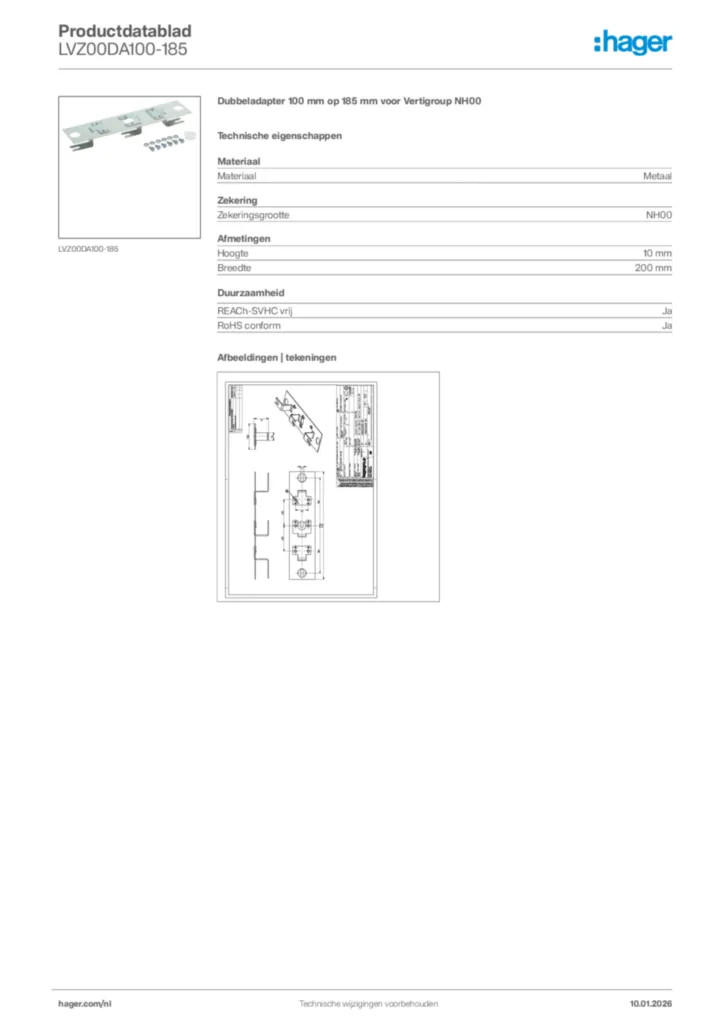 Afbeelding Hager Productdatablad LVZ00DA100-185 | Hager Nederland
