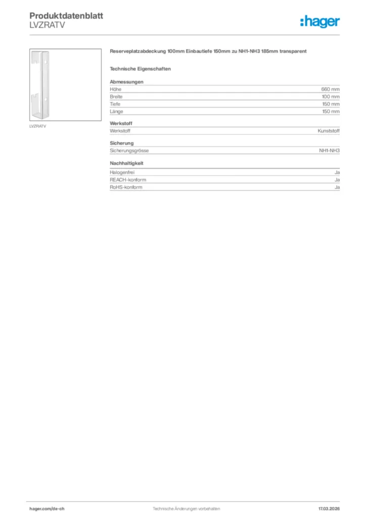 Bild Hager Produktdatenblatt LVZRATV | Hager Schweiz