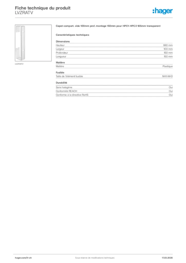 Image Hager Fiche technique du produit LVZRATV | Hager Suisse