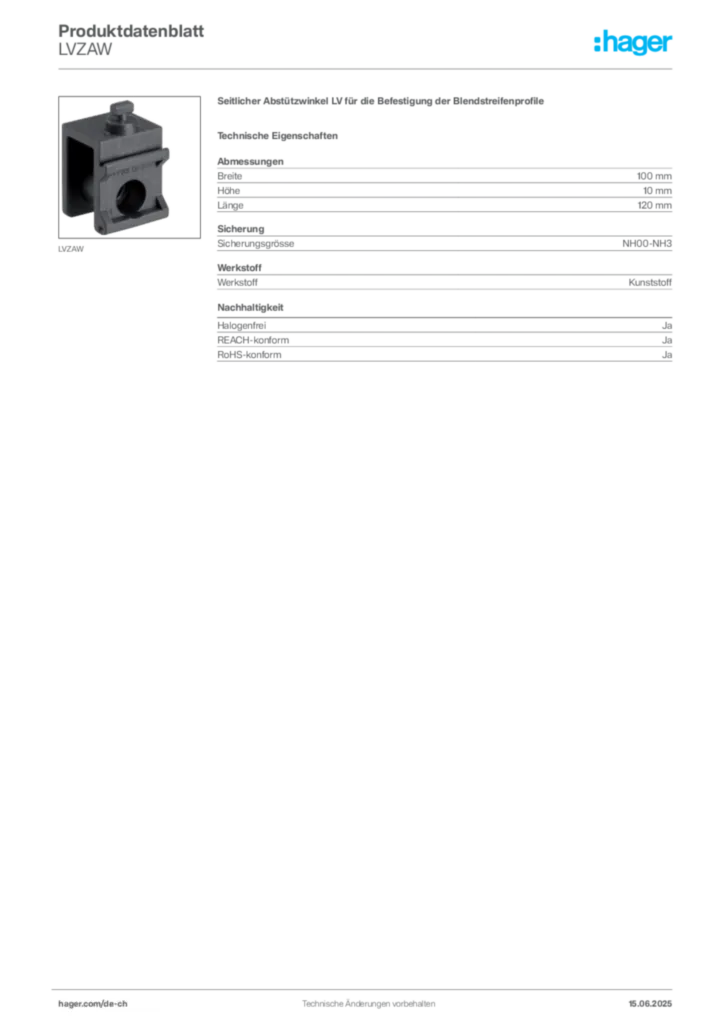 Bild Hager Produktdatenblatt LVZAW | Hager Schweiz