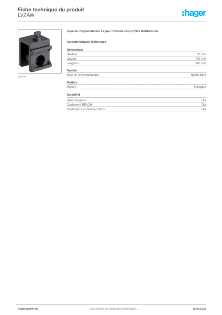 Image Hager Fiche technique du produit LVZAW | Hager Suisse