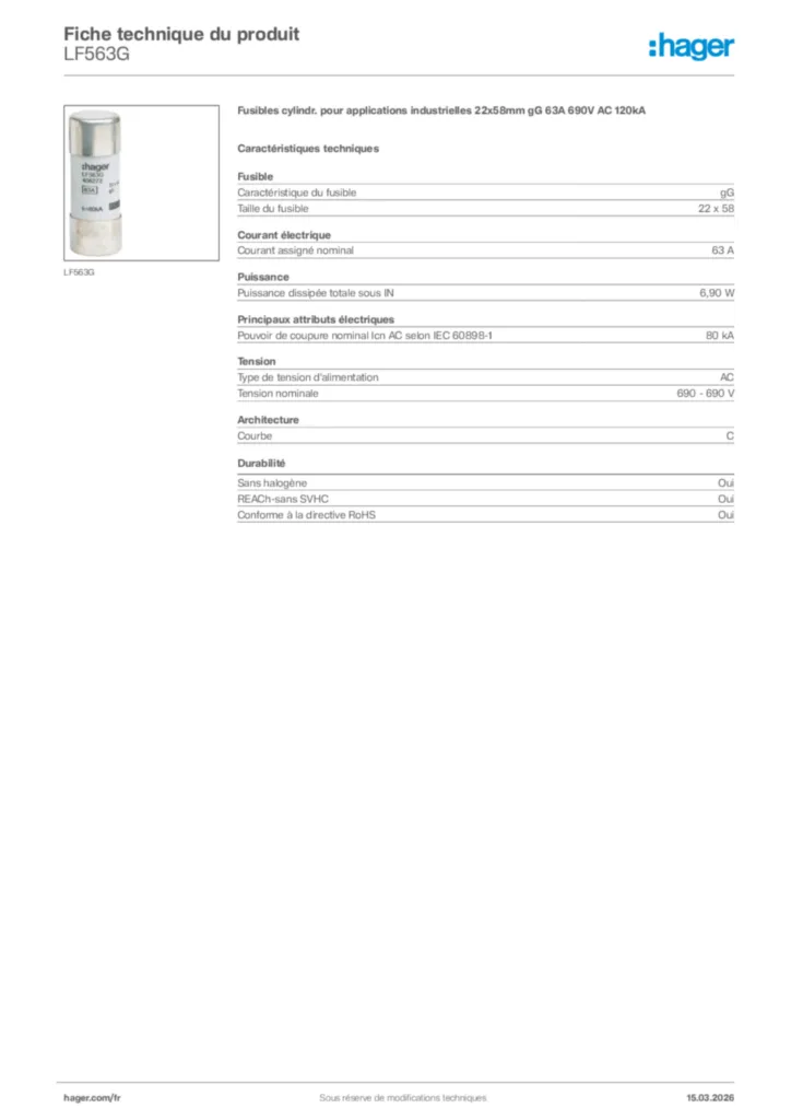 Image Hager Fiche technique du produit LF563G | Hager France