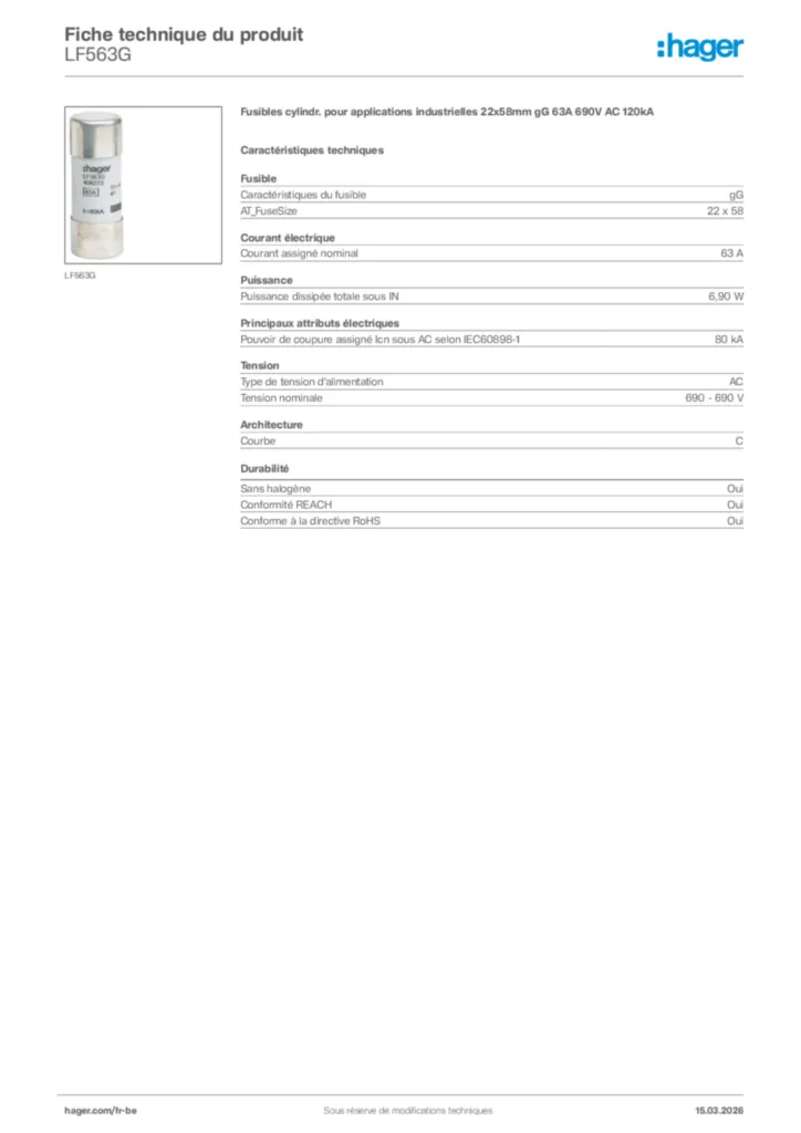 Image Hager Fiche technique du produit LF563G | Hager Belgique