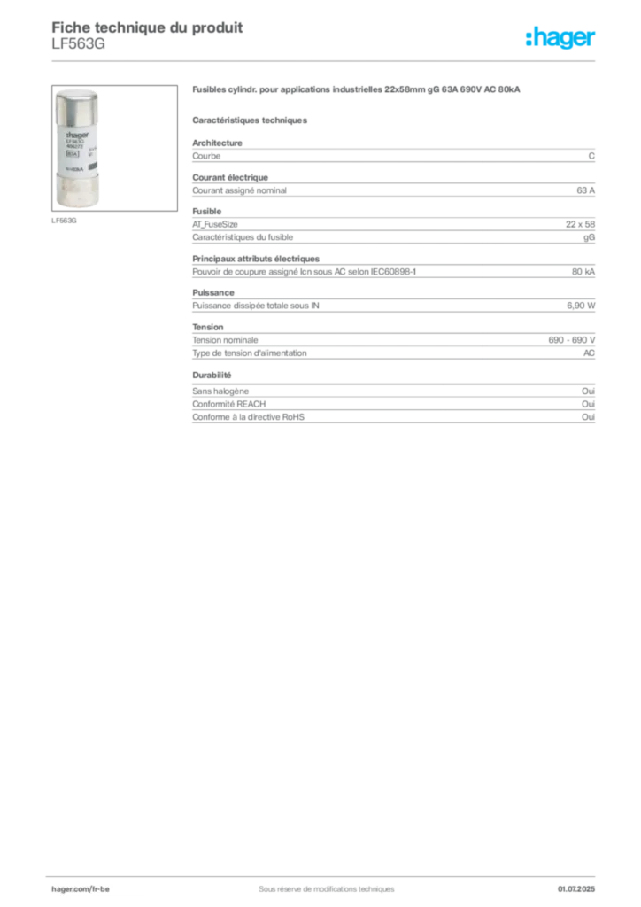 Image Hager Fiche technique du produit LF563G | Hager Belgique