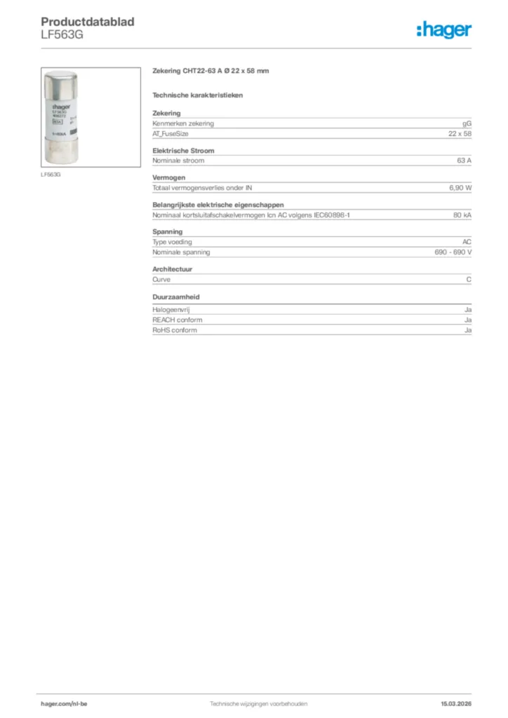 Afbeelding Hager Productdatablad LF563G | Hager Belgium