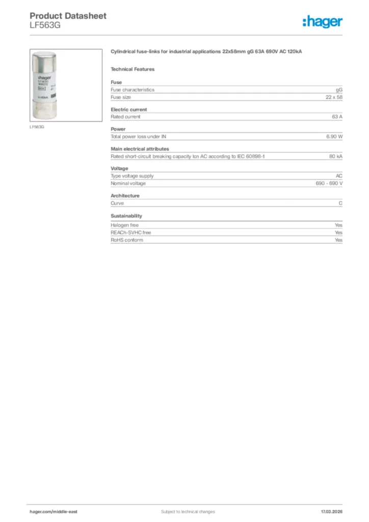 Image Hager Product data sheet LF563G  | Hager