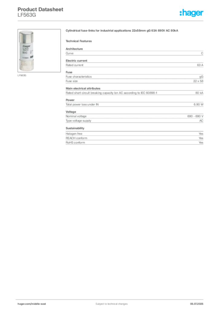 Image Hager Product data sheet LF563G  | Hager