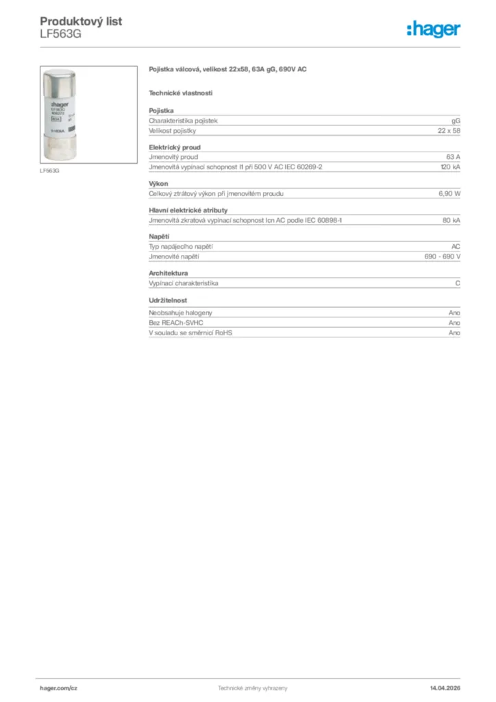 Obrázek Hager Product data sheet LF563G | Hager
