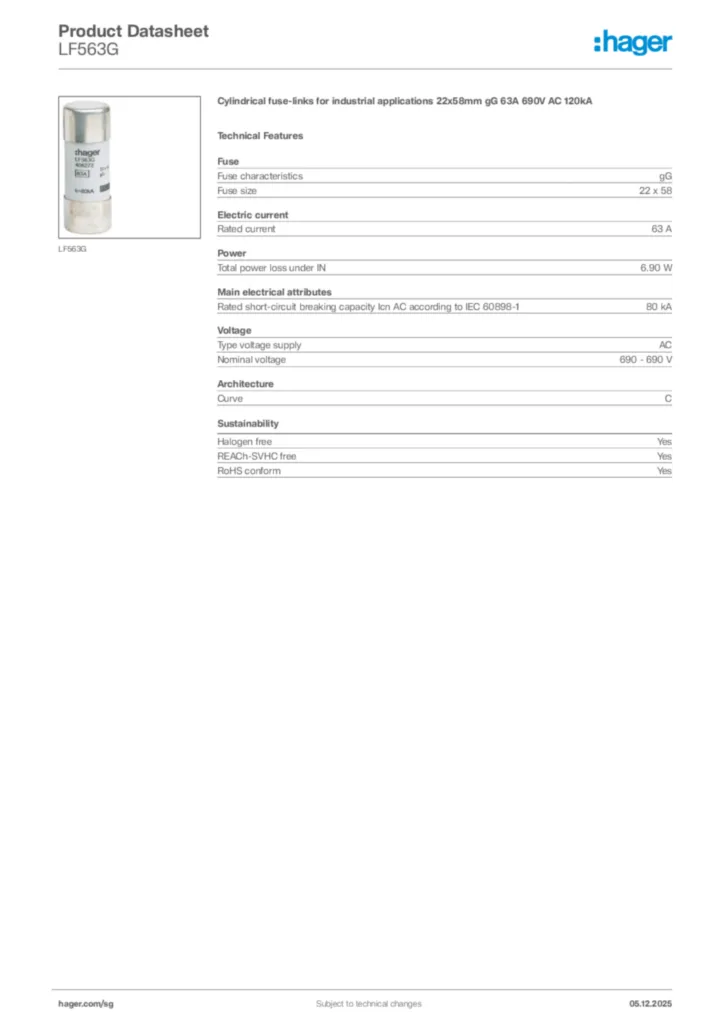 Image Hager Product data sheet LF563G  | Hager