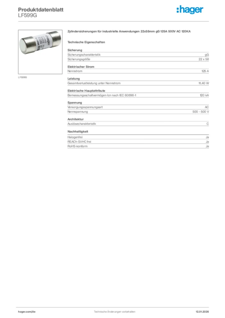 Bild Hager Produktdatenblatt LF599G | Hager Deutschland