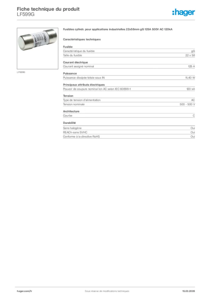 Image Hager Fiche technique du produit LF599G | Hager France