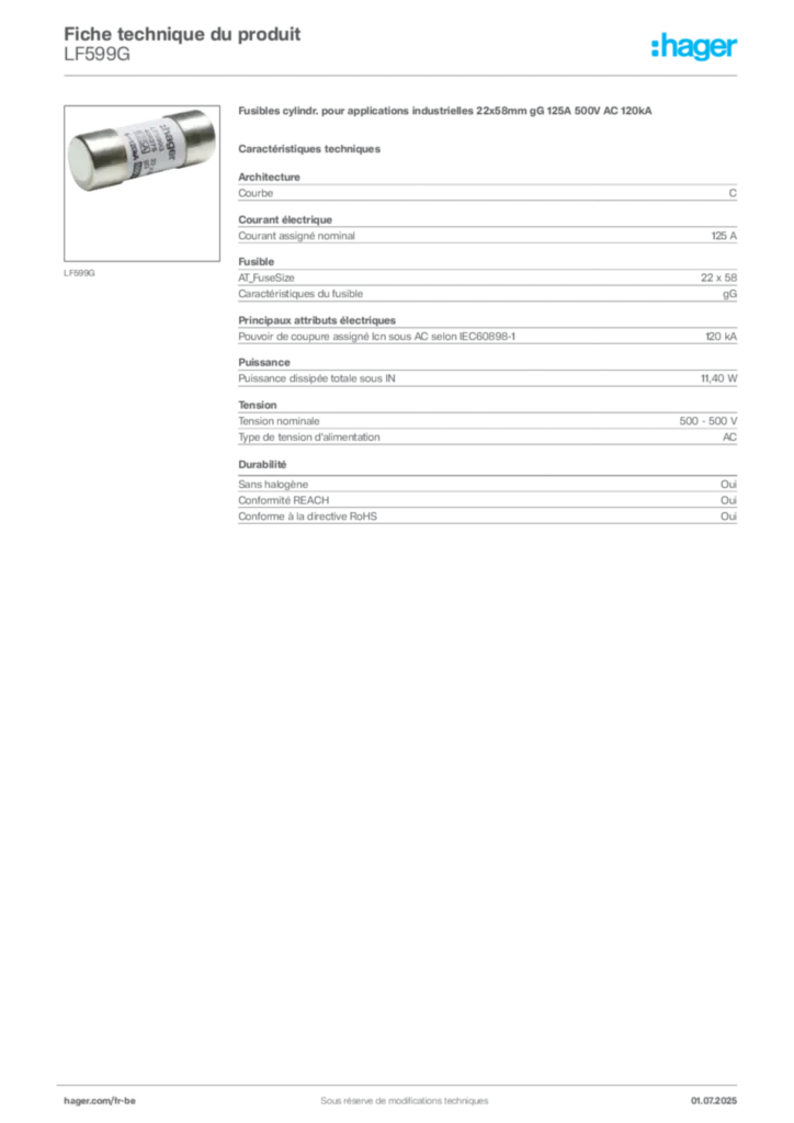 Image Hager Fiche technique du produit LF599G | Hager Belgique