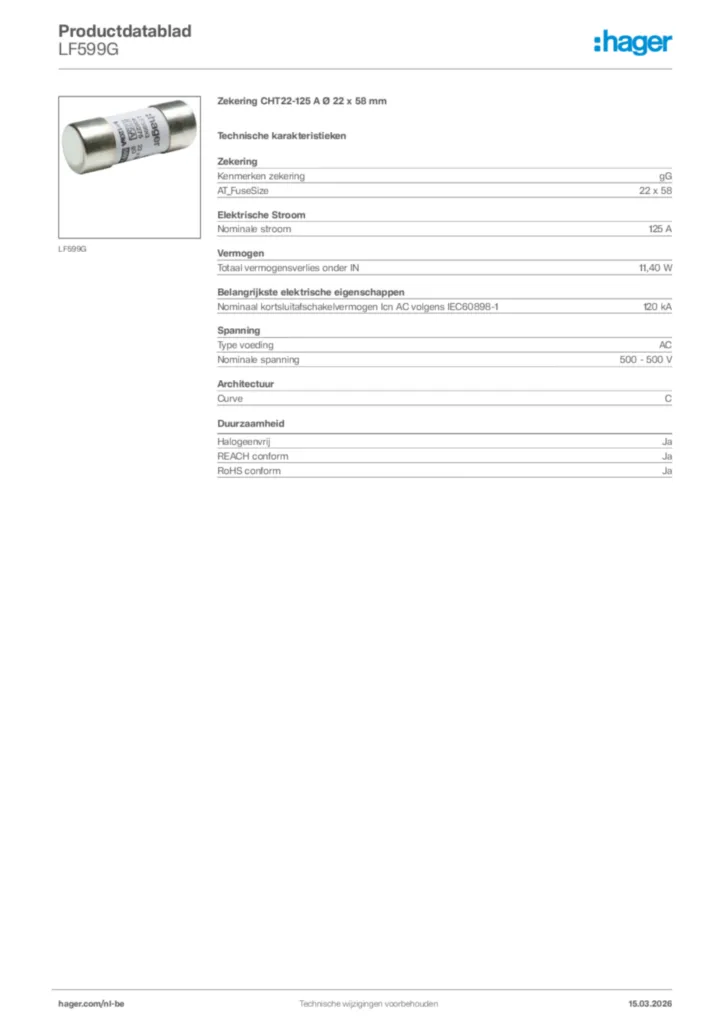 Afbeelding Hager Productdatablad LF599G | Hager Belgium