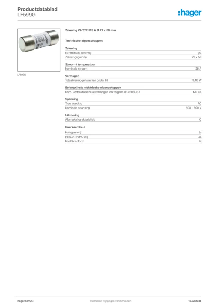 Afbeelding Hager Productdatablad LF599G | Hager Nederland