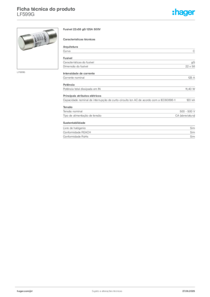 Imagem Hager Ficha técnica do produto LF599G | Hager Portugal
