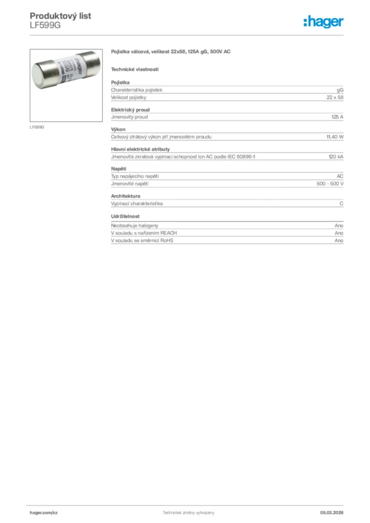 Obrázek Hager Product data sheet LF599G | Hager