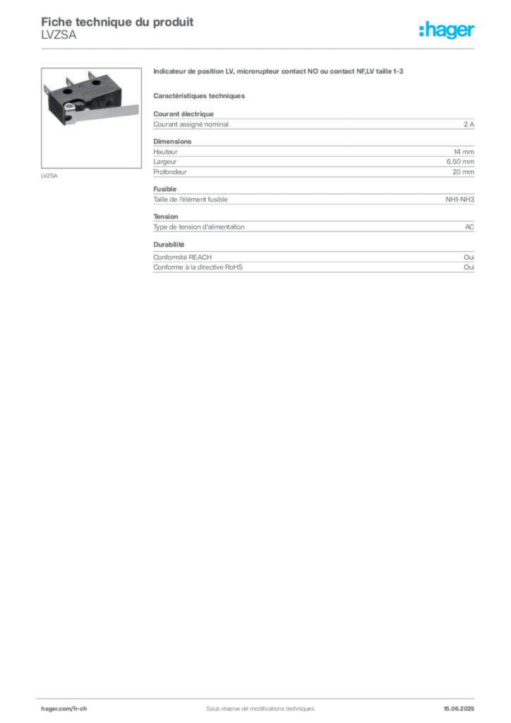 Image Hager Fiche technique du produit LVZSA | Hager Suisse