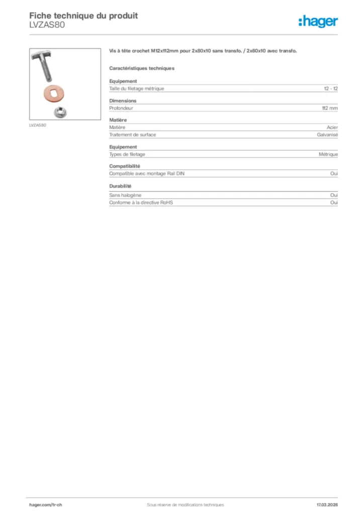 Image Hager Fiche technique du produit LVZAS80 | Hager Suisse