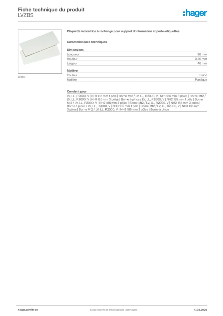 Image Hager Fiche technique du produit LVZBS | Hager Suisse