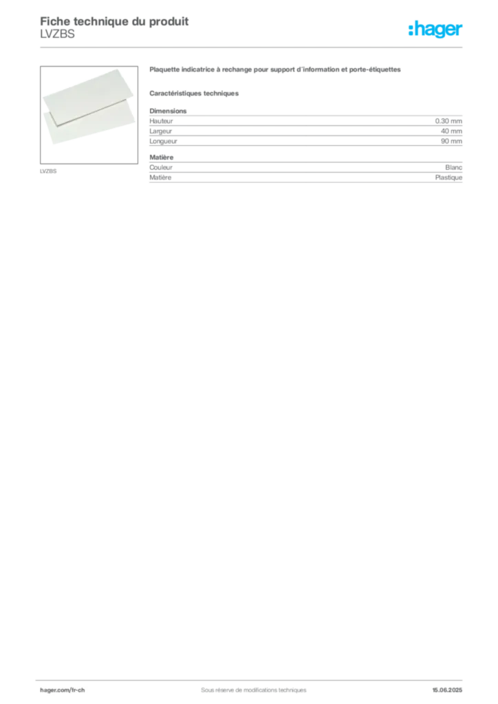 Image Hager Fiche technique du produit LVZBS | Hager Suisse