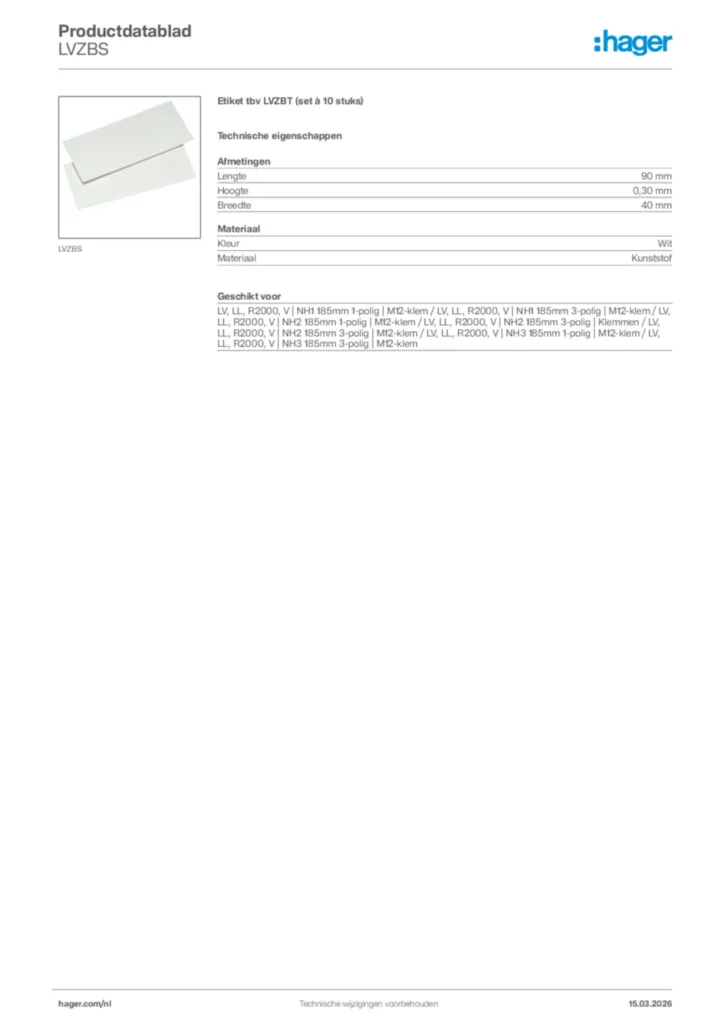 Afbeelding Hager Productdatablad LVZBS | Hager Nederland