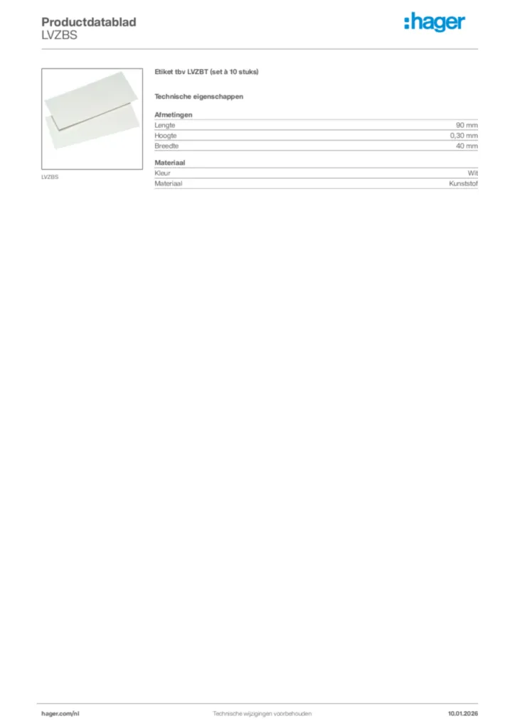 Afbeelding Hager Productdatablad LVZBS | Hager Nederland