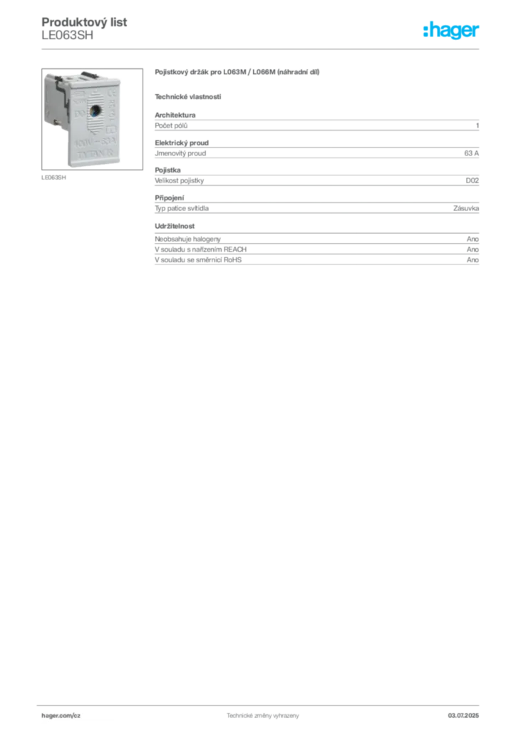 Obrázek Hager Produktový list LE063SH | Hager