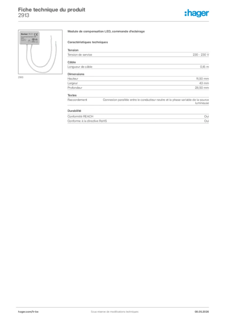 Image Hager Fiche technique du produit 2913 | Hager Belgique