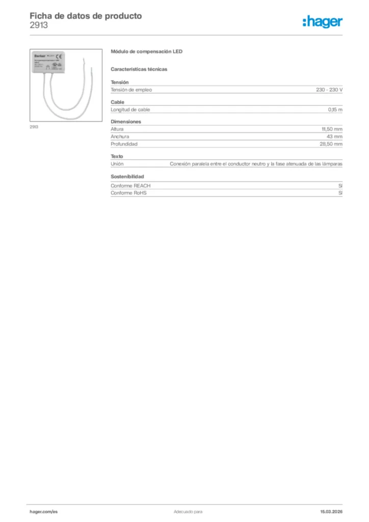 Imagen Hager Ficha de datos de producto 2913 | Hager España