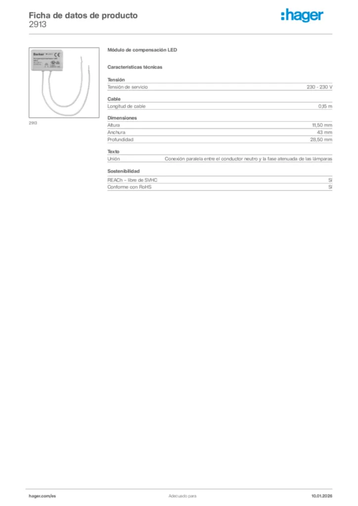 Imagen Hager Ficha de datos de producto 2913 | Hager España