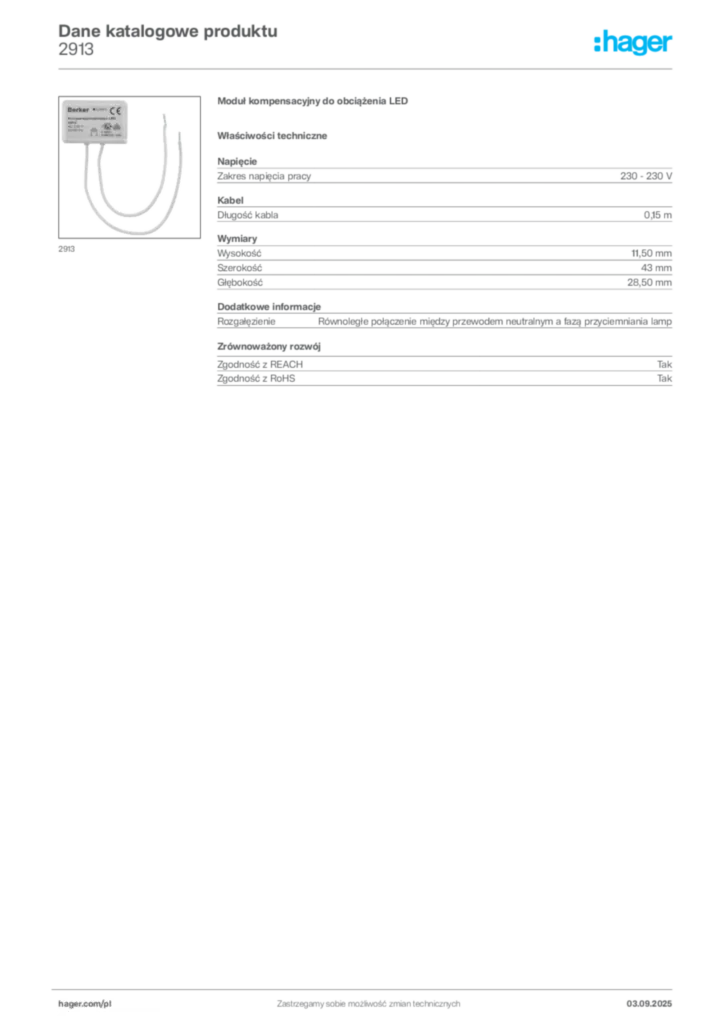 Zdjęcie Hager Dane katalogowe produktu 2913 | Hager Polska