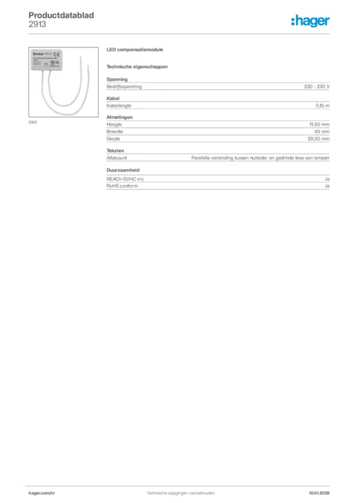Afbeelding Hager Productdatablad 2913 | Hager Nederland