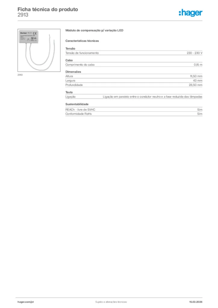 Imagem Hager Ficha técnica do produto 2913 | Hager Portugal
