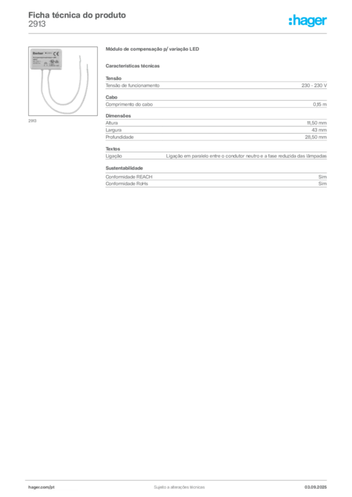 Imagem Hager Ficha técnica do produto 2913 | Hager Portugal