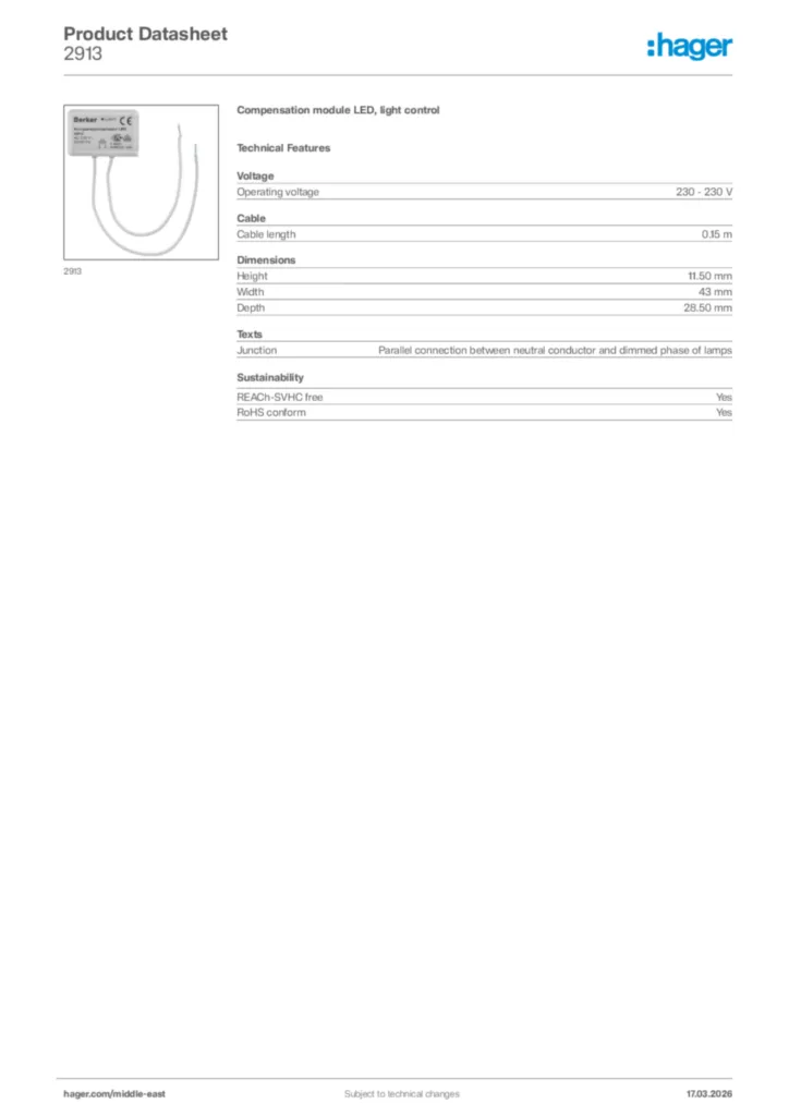 Image Hager Product data sheet 2913  | Hager