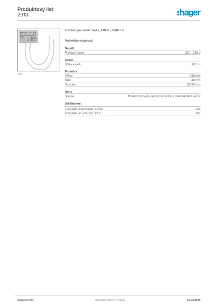 Obrázek Hager Product data sheet 2913 | Hager