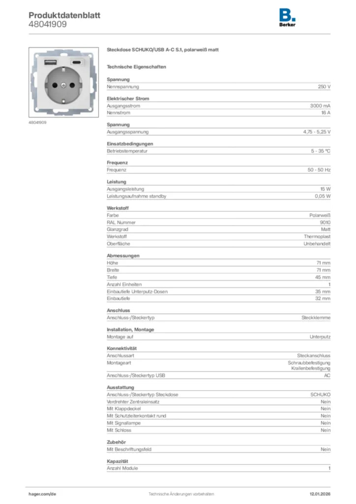 Bild Berker Produktdatenblatt 48041909 | Hager Deutschland