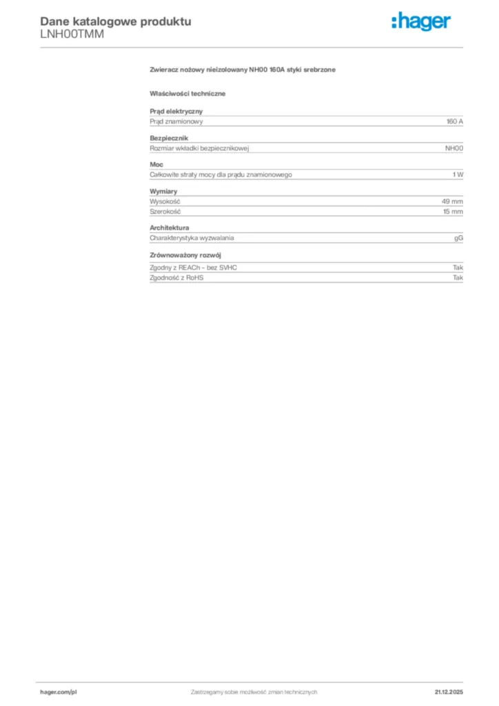 Zdjęcie Hager Dane katalogowe produktu LNH00TMM | Hager Polska