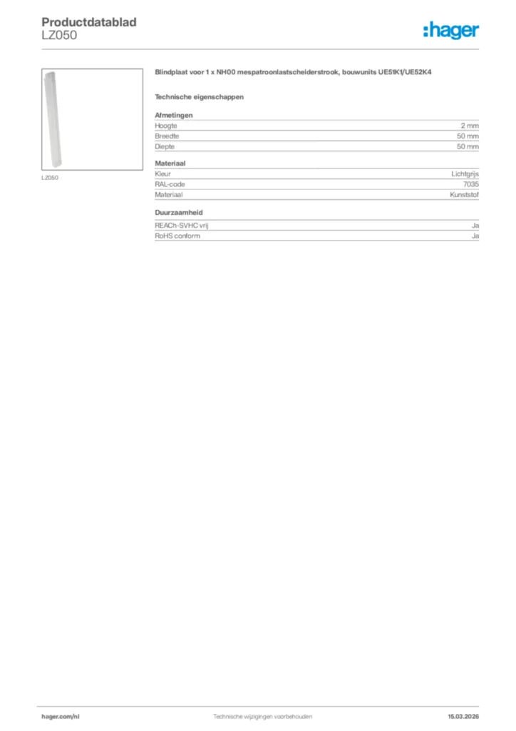 Afbeelding Hager Productdatablad LZ050 | Hager Nederland