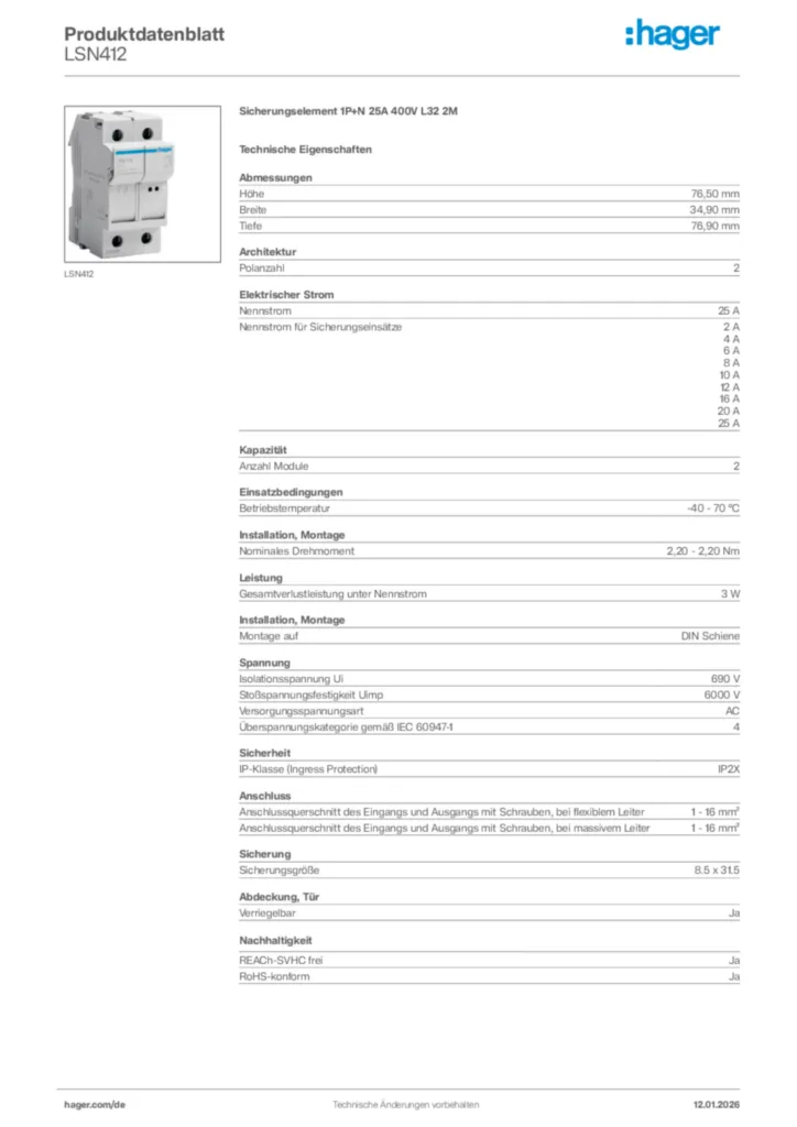 Bild Hager Produktdatenblatt LSN412 | Hager Deutschland